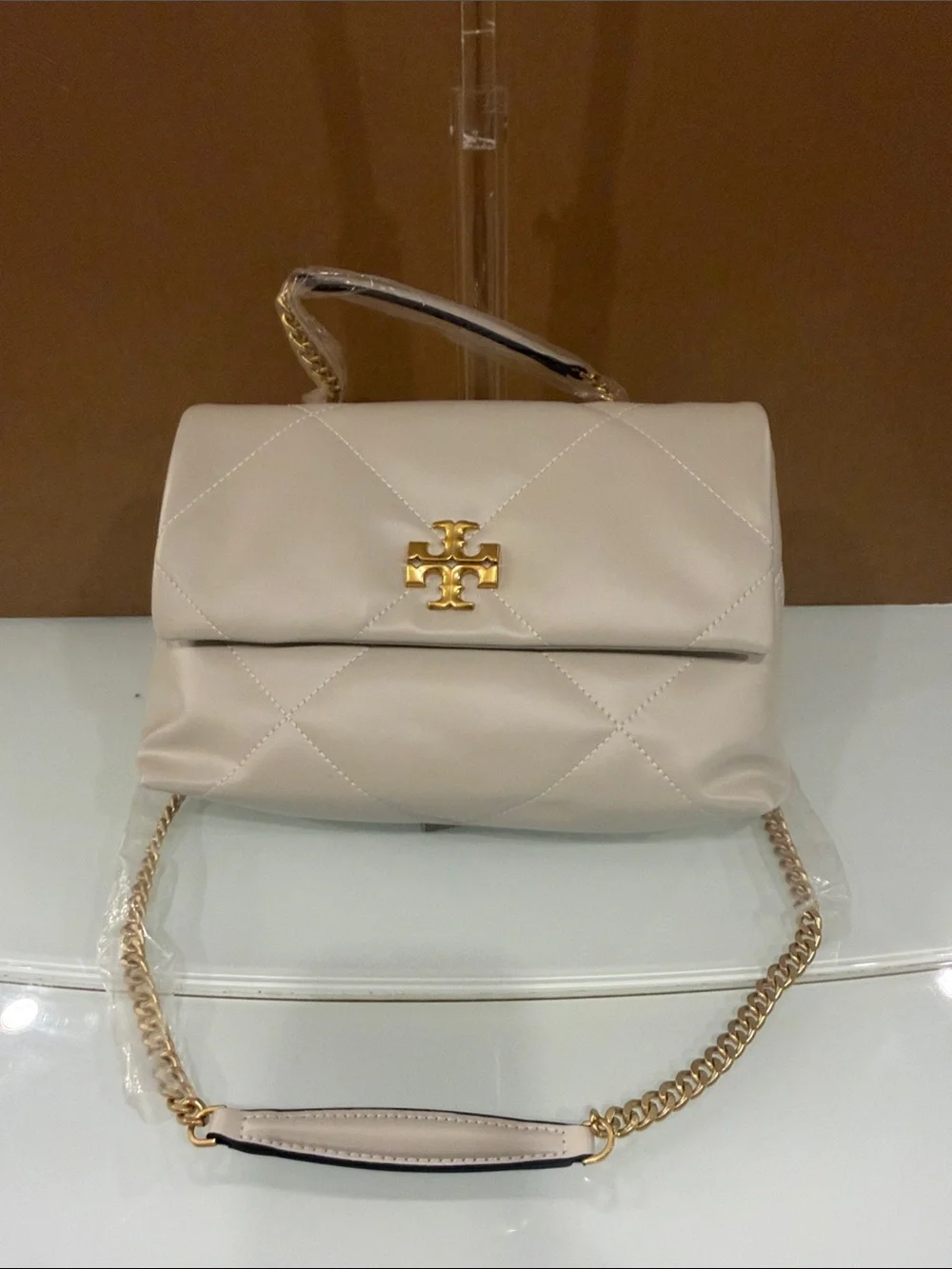 Tory Burch Cream Quilted Leather Chain Shoulder Bag with Top Handle